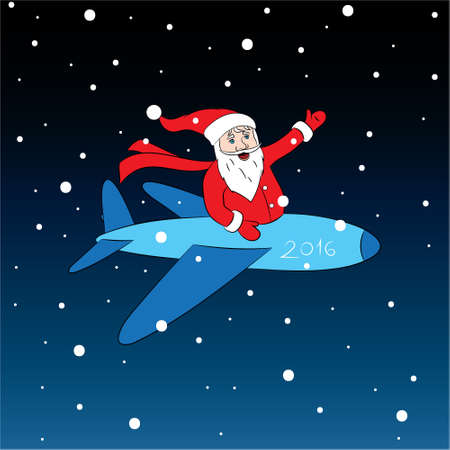Cheerful and happy Santa Claus flying in red Christmas costume red color is flying on an airplane and smiling pointing isolate vector illustrationのイラスト素材