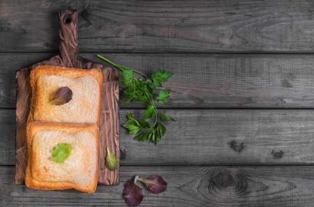 Italian hot crispy toasted panini sandwiches closed on a cutting board, lettuce, parsley on gray wooden background, top viewの写真素材