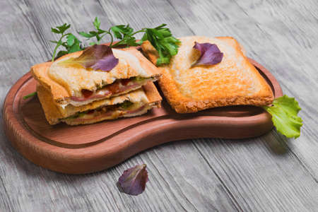 Italian hot crispy toasted panini sandwiches closed on a cutting board and cut in half sandwich panini with ham, tomato, cheese, lettuce, parsley on light white wooden backgroundの写真素材