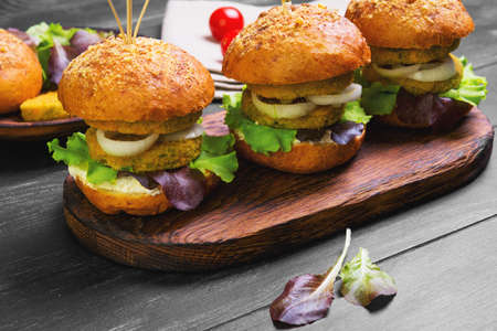 Vegan double burgers with vegetables, onion, vegetable cutlets, lettuce, sauce, ingredients for cooking vegan burgers cherry tomatoes, lettuce, rolls, skewers on a wooden surface of a dark black backgroundの写真素材