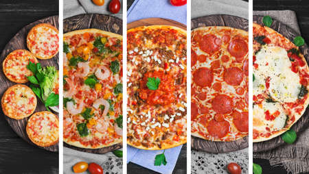 Photo collage with five different types of pizzaの写真素材