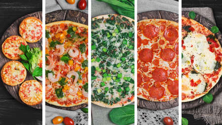 Photo collage with five different types of pizzaの写真素材