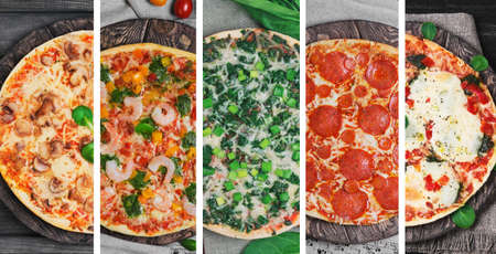 Photo collage with five different types of pizzaの写真素材