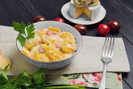 Tortellini with cheese sauce, ham, ingredients for tortellini cherry tomatoes, Camembert cheese, blue cheese, parsley, silver fork on dark black woodenの写真素材