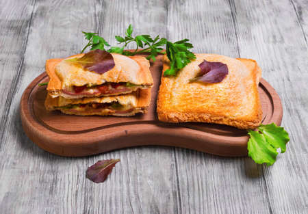Italian hot crispy toasted panini sandwiches closed on cutting board and cut in half sandwich panini with ham, tomato, cheese, lettuce, parsley on light white wooden backgroundの写真素材