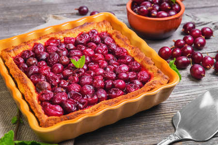 Fresh baked pie pastry with red berries of gooseberry in  square ceramic form, ripe berries of gooseberry for pie in bowl, gooseberries on gray wooden table background, mint, scapula for piesの写真素材