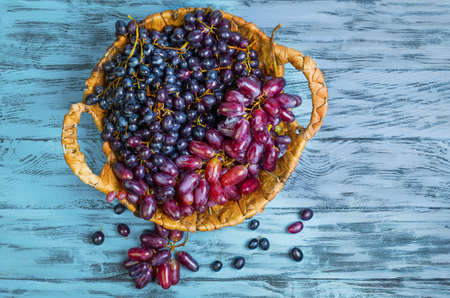 Bunches of blue purple grape small and large different varieties. Basket of grapes. Grapes on blue background wooden table. Top view.の写真素材