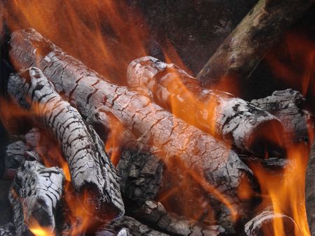 Flaming wooden coal logs of camping fireplace 10