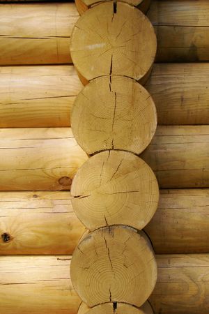 Logs butt side of wooden house cornerの写真素材