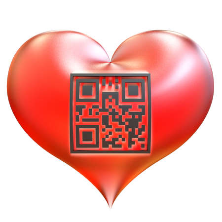 Valentine heart with QR code isolated on white background. QR code with encrypted text - I Love You!の写真素材