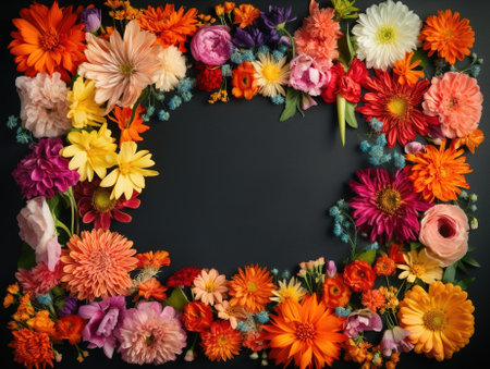 A floral frame with blank space. Flat lay, top view. Greeting card mockup. AI generative image.の素材