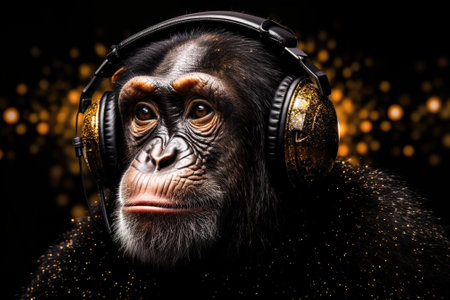 Smart chimpanzee in big headphones listens to beautiful modern music. AI generative image.の素材