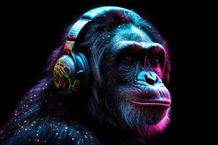 Smart chimpanzee in big headphones listens to beautiful modern music. AI generative image.の素材