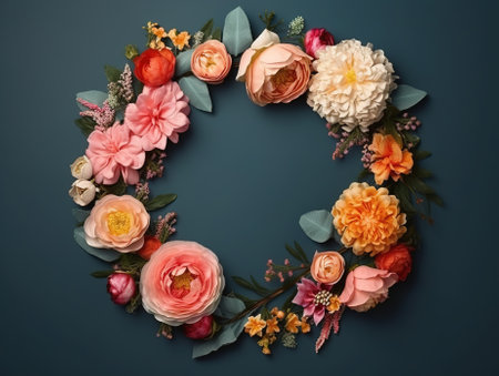 A floral frame with blank space. Flat lay, top view. Greeting card mockup. AI generative image.の素材