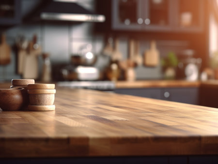 Wooden table top with blurred kitchen interior background. Product demo mockup. AI generative image.の素材