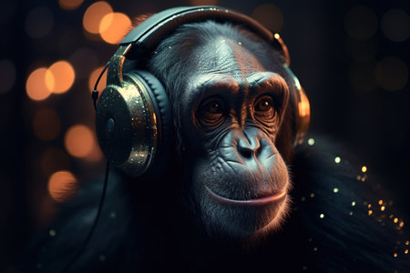 Smart chimpanzee in big headphones listens to beautiful modern music. AI generative image.の素材