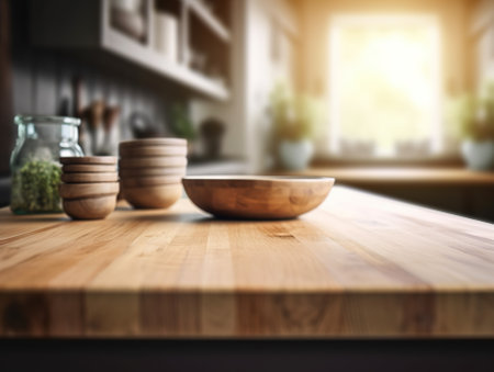 Wooden table top with blurred kitchen interior background. Product demo mockup. AI generative image.の素材