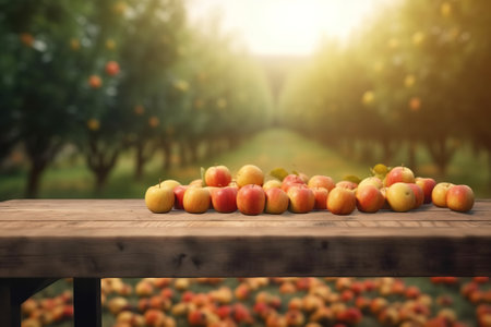 An empty wooden table for product display. Blurred autumn apple orchard in the background. AI generative image.の素材