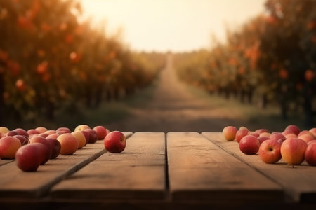 An empty wooden table for product display. Blurred autumn apple orchard in the background. AI generative image.の素材