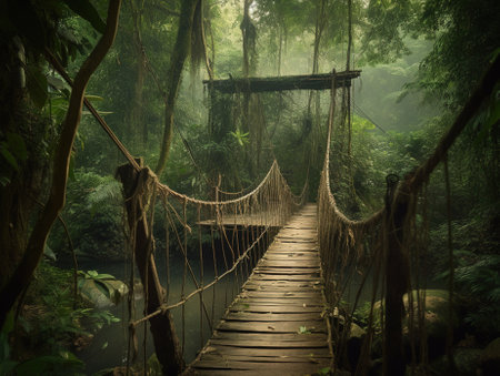 Beautiful rainforest and rope bridge in Thailand. AI generative image.の素材