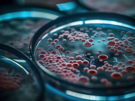 Abstract conceptual background with bacteria and virus cells in a scientific laboratory petri dish. AI generative image.の素材