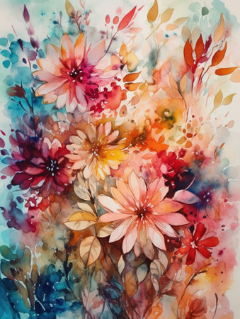 Abstract beautiful colorful floral watercolor painting. AI generative illustration.の素材
