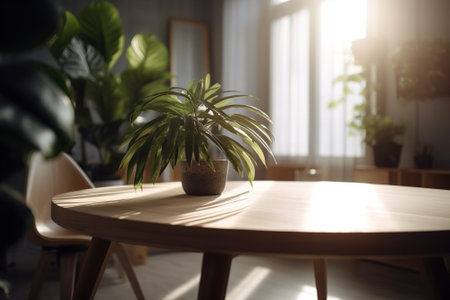 Wooden table with empty space for product display. Blurred background with office interior and indoor tropical plant. Generative AI.の素材