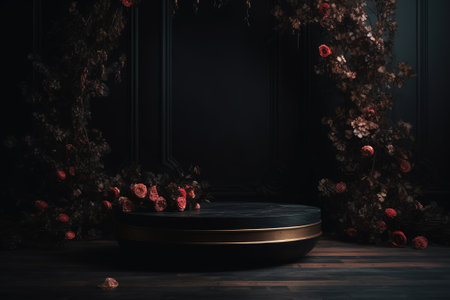 Podium scene for product presentation with realistic decorative flowers in dark elegant style. Generative AI.の素材