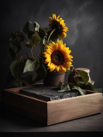 Abstract empty wooden podium for product with sunflowers and dry leaves on dark background. Generative AI.の素材
