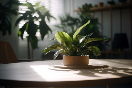 Wooden table with empty space for product display. Blurred background with office interior and indoor tropical plant. Generative AI.の素材