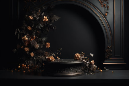 Podium scene for product presentation with realistic decorative flowers in dark elegant style. Generative AI.の素材