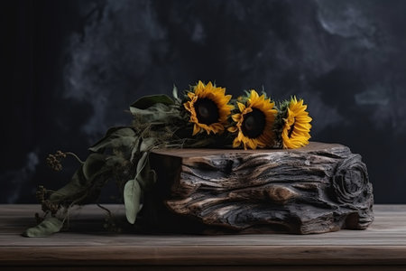 Abstract empty wooden podium for product with sunflowers and dry leaves on dark background. Generative AI.の素材