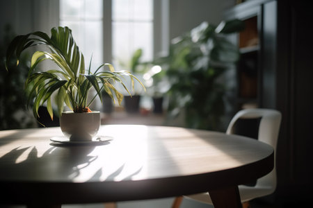 Wooden table with empty space for product display. Blurred background with office interior and indoor tropical plant. Generative AI.の素材