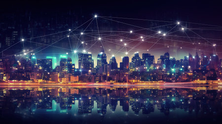 Abstract technological background with a large metropolis and an electronic communication network diagram. Generative AI.の素材