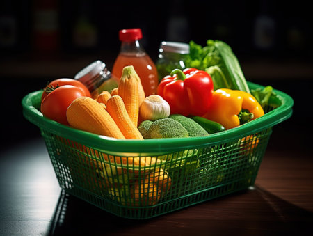 A full basket of supermarket products. Vegetables and fruits. Generative AI.の素材
