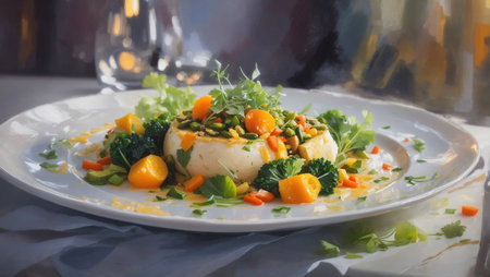 Restaurant specialty vegetarian dish. Impressionism style oil painting. Generative AI.の素材