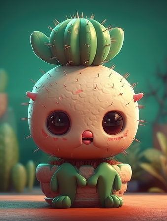 Cute funny cartoon cactus. Illustration in 3d style. Generative AI.の素材