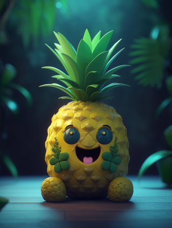 Cute funny cartoon pineapple. Illustration in 3d style. Generative AI.の素材