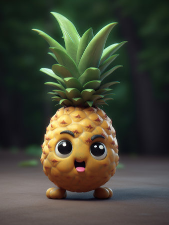 Cute funny cartoon pineapple. Illustration in 3d style. Generative AI.の素材