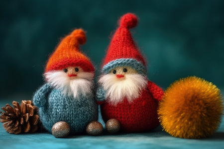 Abstract Christmas background with cute gnomes woven from knitting threads. Template for greeting card with copy space for text. Generative AI.の素材