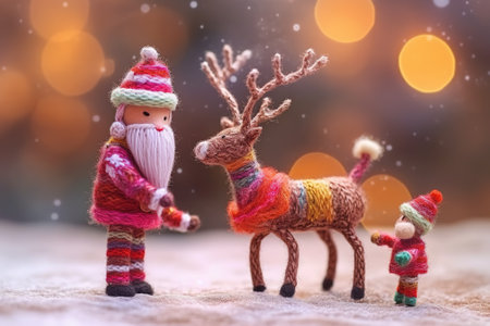 Abstract Christmas background with Santa Claus and deer woven from knitting threads. Template for greeting card with copy space for text. Generative AI.の素材