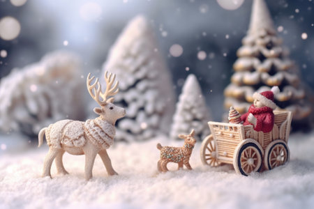 Abstract Christmas background with ceramic figures of Santa Claus and deer. Template for greeting card with copy space for text. Generative AI.の素材