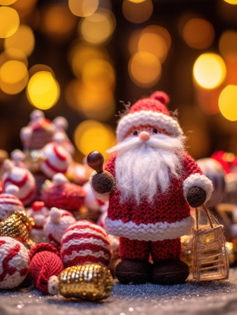 Abstract Christmas background with Santa Claus woven from knitting threads. Template for greeting card with copy space for text. Generative AI.の素材