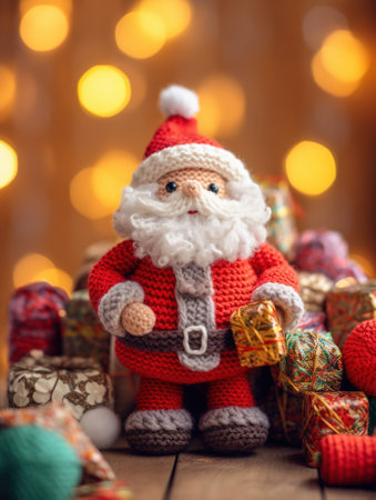 Abstract Christmas background with Santa Claus woven from knitting threads. Template for greeting card with copy space for text. Generative AI.の素材