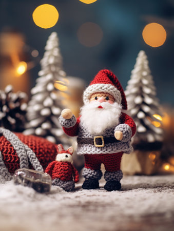 Abstract Christmas background with Santa Claus woven from knitting threads. Template for greeting card with copy space for text. Generative AI.の素材