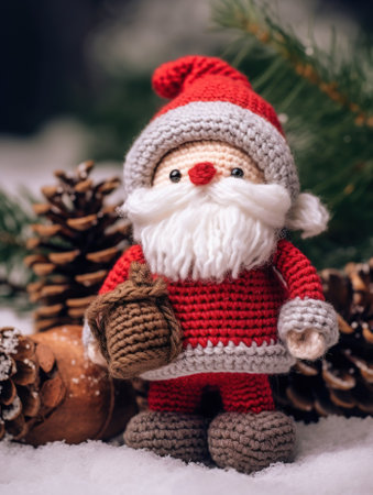 Abstract Christmas background with Santa Claus woven from knitting threads. Template for greeting card with copy space for text. Generative AI.の素材