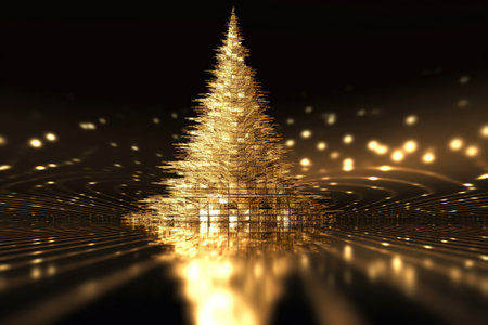 Abstract background with golden Christmas tree. Template for greeting card with copy space for text. Generative AI.の素材