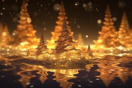 Abstract background with golden Christmas tree. Template for greeting card with copy space for text. Generative AI.の素材