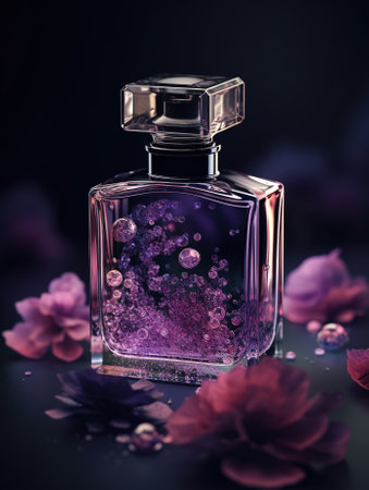 Elite perfume with beautiful flowers. Template for product presentation. Generative AI.の素材