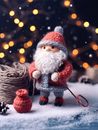Abstract Christmas background with Santa Claus woven from knitting threads. Template for greeting card with copy space for text. Generative AI.の素材